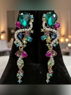 Multicolor Crystal Gold Tone Statement Drop Earrings – Dramatic Couture Style